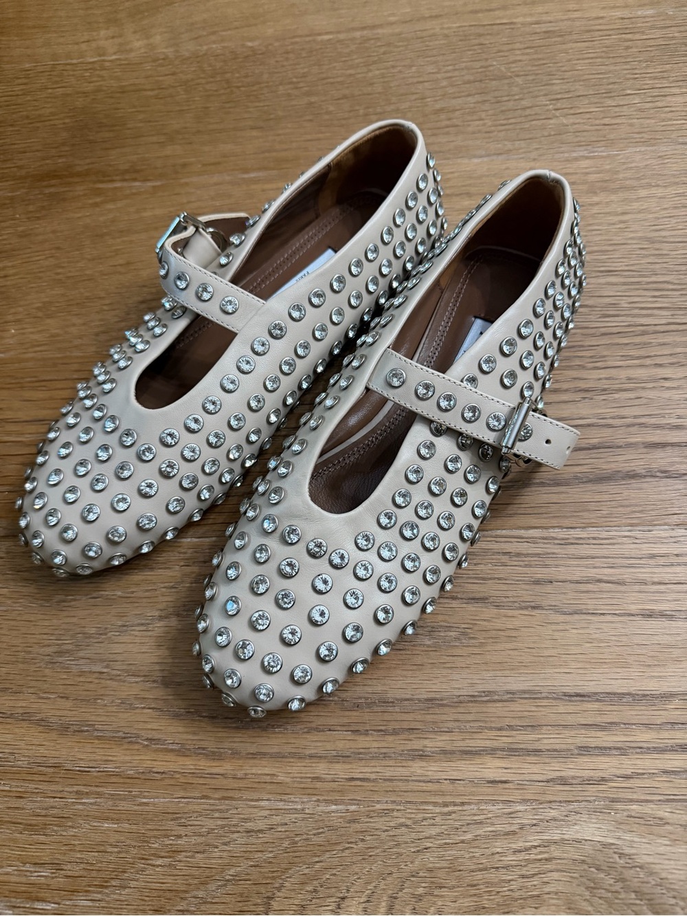 Alaia Embellished Beige Flats with Crystal Studs